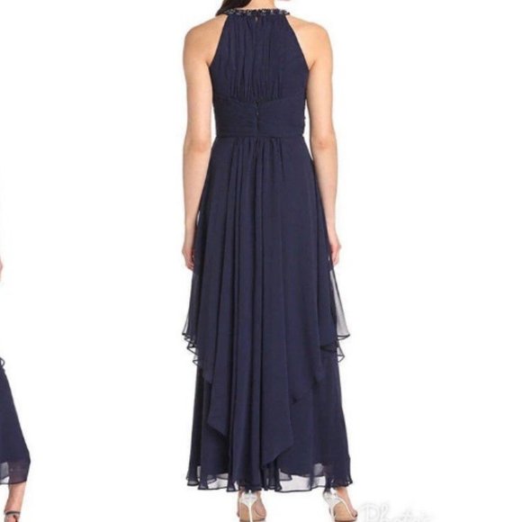 Eliza J Beaded Halter Tiered Chiffon Gown in Navy - Picture 2 of 7